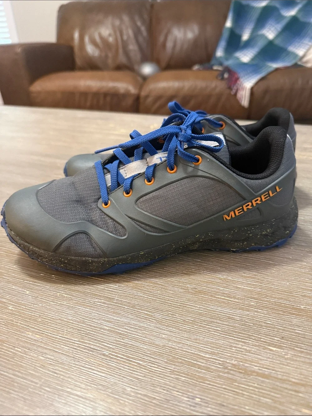 Merrell Men's Gray and Blue Trail Sneaker with Orange Accents